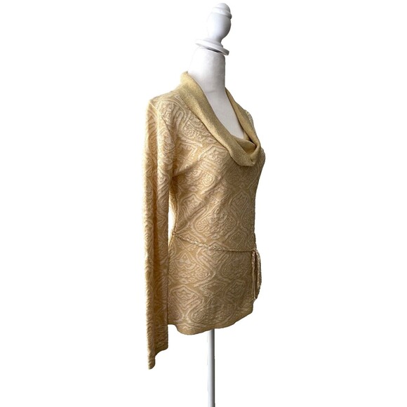 Vintage Y2K Gold Metallic Knit Top S Jacquard Cowl Neck Tie Belt 70s 90s Elegant - Picture 9 of 15